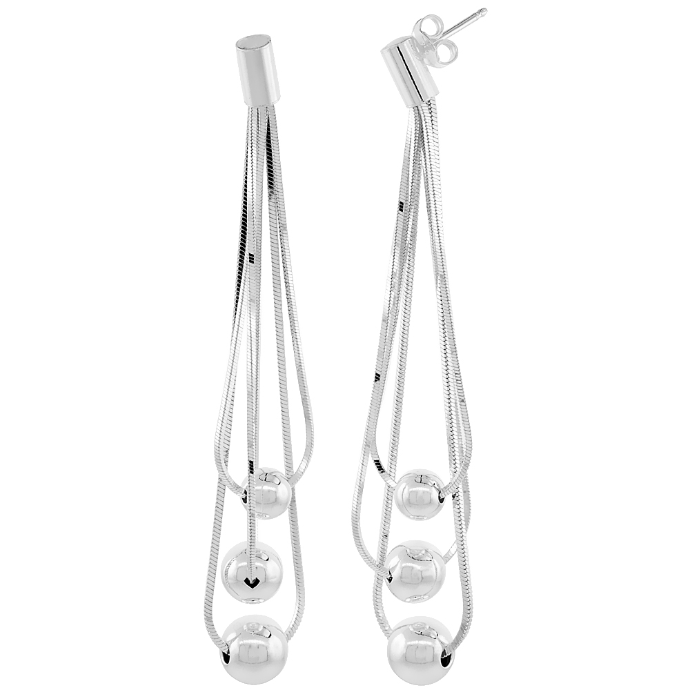 Sterling Silver Long Drop Earrings 3-Strand w/ Beads 2 3/4 inches Italy