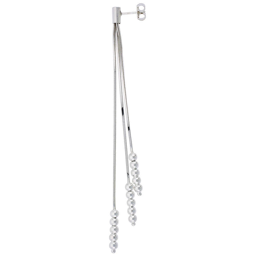 Sterling Silver Long Drop Earrings 3-Strand Beads 4 inches Italy
