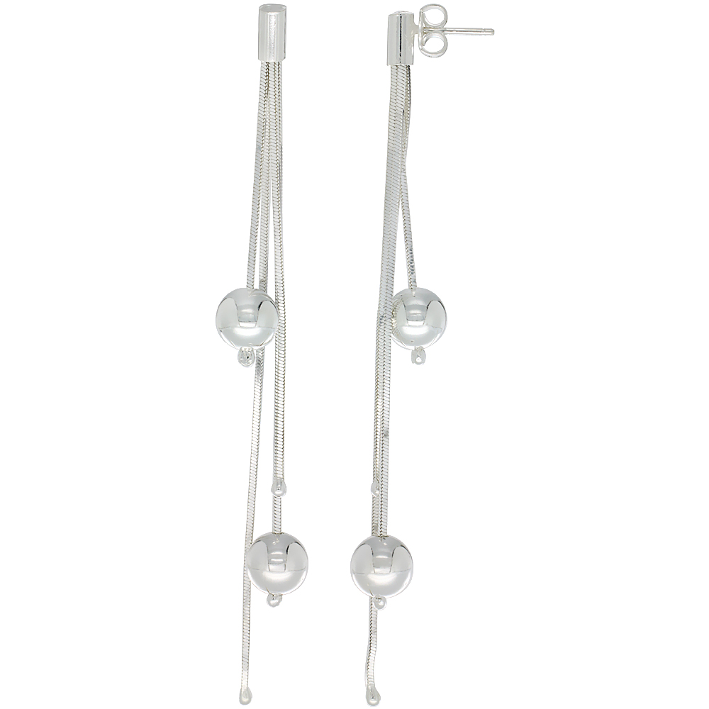 Sterling Silver Long Drop Earrings 3-Strand w/ Beads 3 3/4 inches Italy