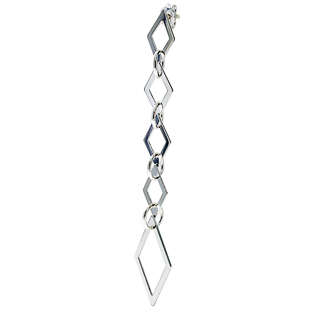 Sterling Silver Long Drop Earrings Diamond Cut-outs 2 3/4 inches Italy