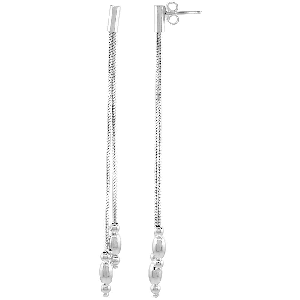 Sterling Silver Long Drop Earrings 3-Strand w/ Oval Beads 3 inches Italy