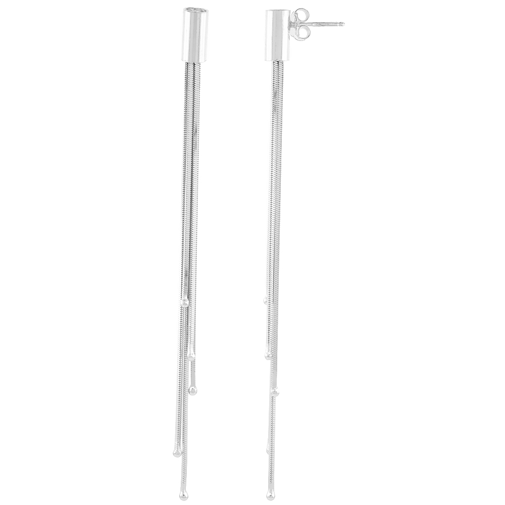 Sterling Silver Italian Elongated Earrings, Beaded Ends, Graduated 5 Strand Square Snake Chain, 99mm (4 inch) long