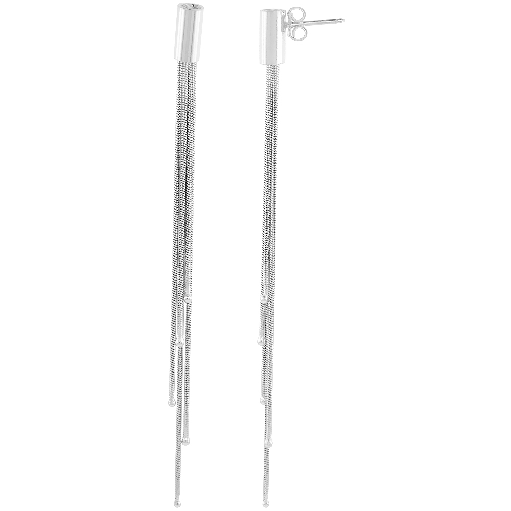 Sterling Silver Italian Elongated Earrings, Beaded Ends, Graduated 5 Strand Round Snake Chain, 95mm (3 3/4 inch) long
