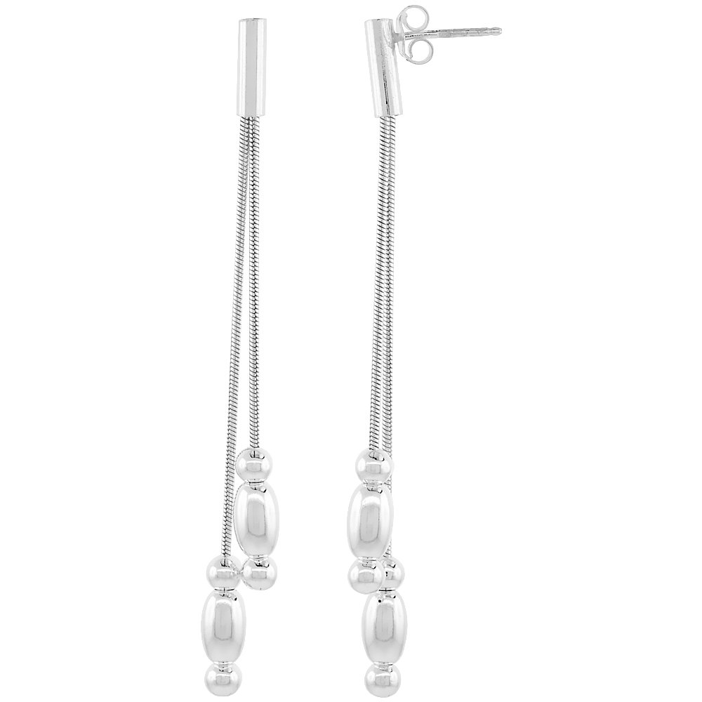 Sterling Silver Italian Elongated Earrings, Beaded Ends, Graduated 2 Strand Round Snake Chain, 71mm (2 13/16 inch) long