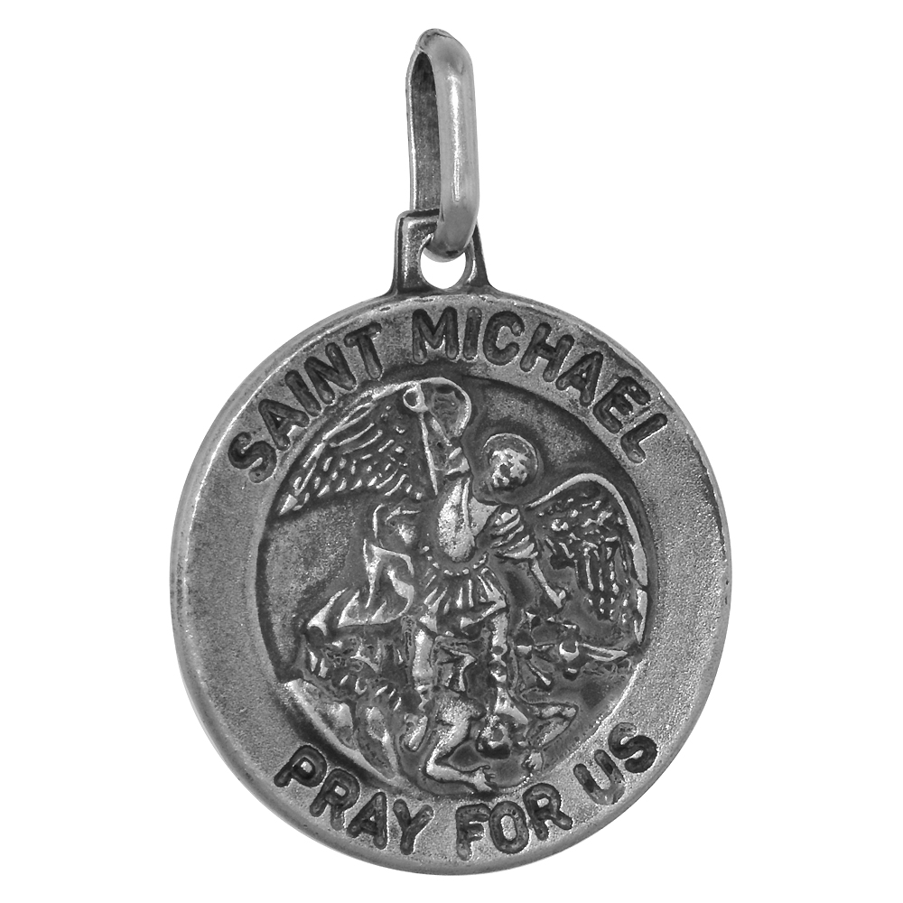 18mm Sterling Silver St Michael Medal Necklace 3/4 inch Round Antiqued Finish Nickel Free Italy with Stainless Steel Chain