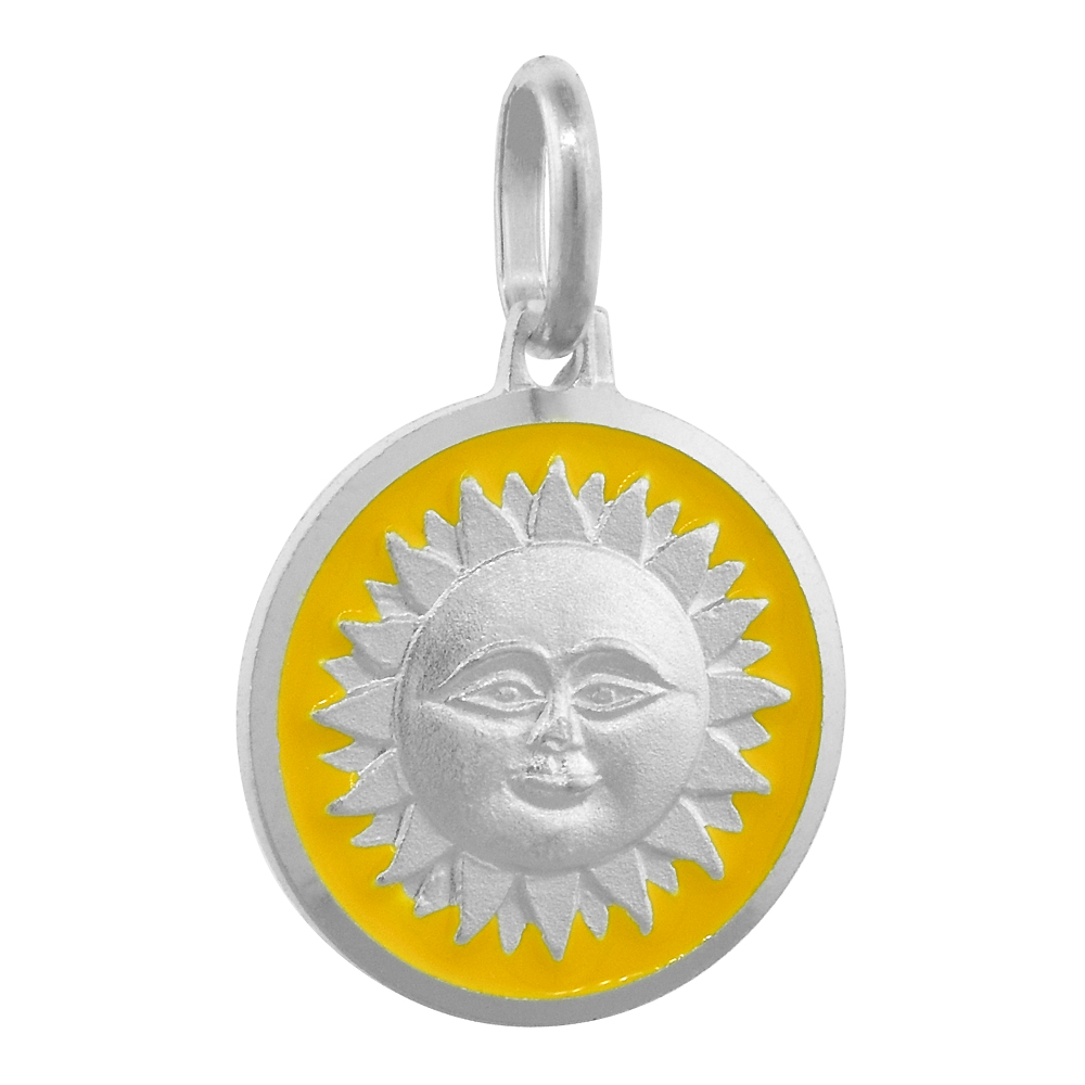 Sterling Silver Sun Medal Necklace Round Yellow Enameled with 24 inch Surgical Steel Chain Italy 5/8 inch