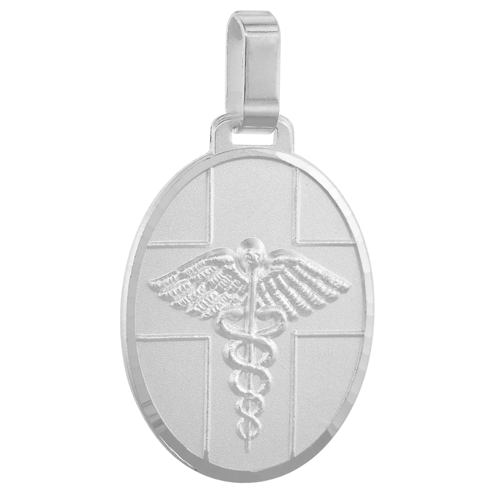 Sterling Silver Medical Alert Necklace Oval with 24 inch Surgical Steel Chain Italy 1 1/8 inch