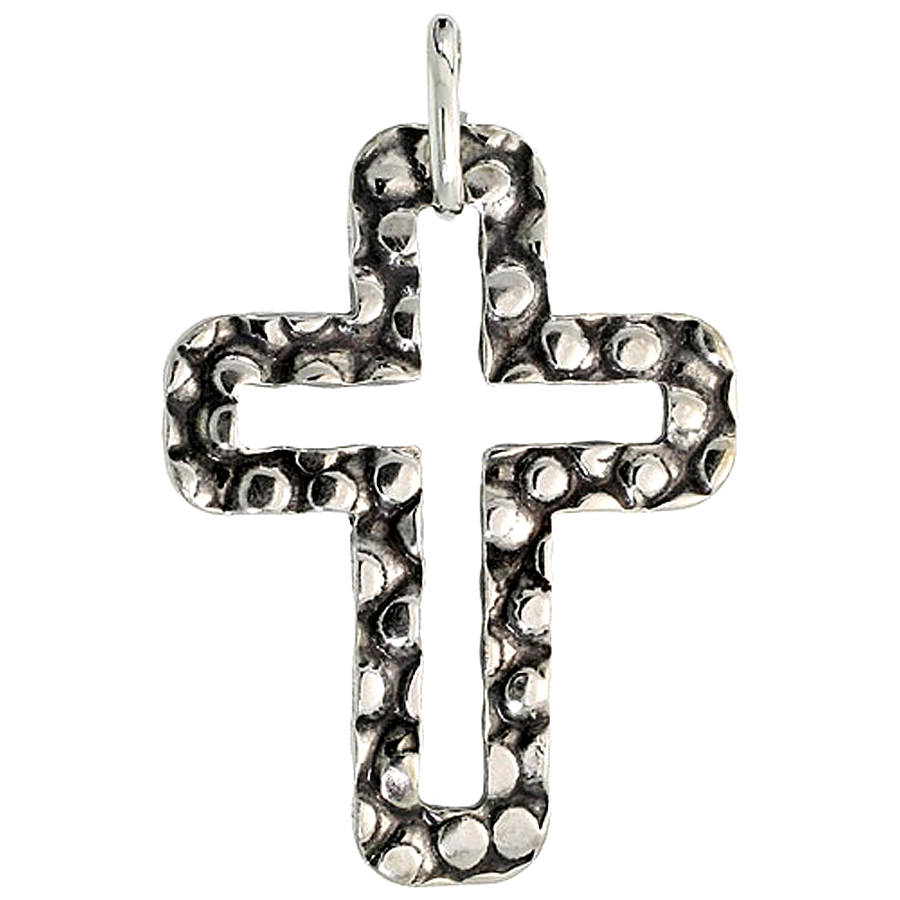 Small Sterling Silver Hammered Cut out Cross Necklace for Men Women Oxidized with 24 inch Surgical Steel Chain Italy 1 1/16 inch