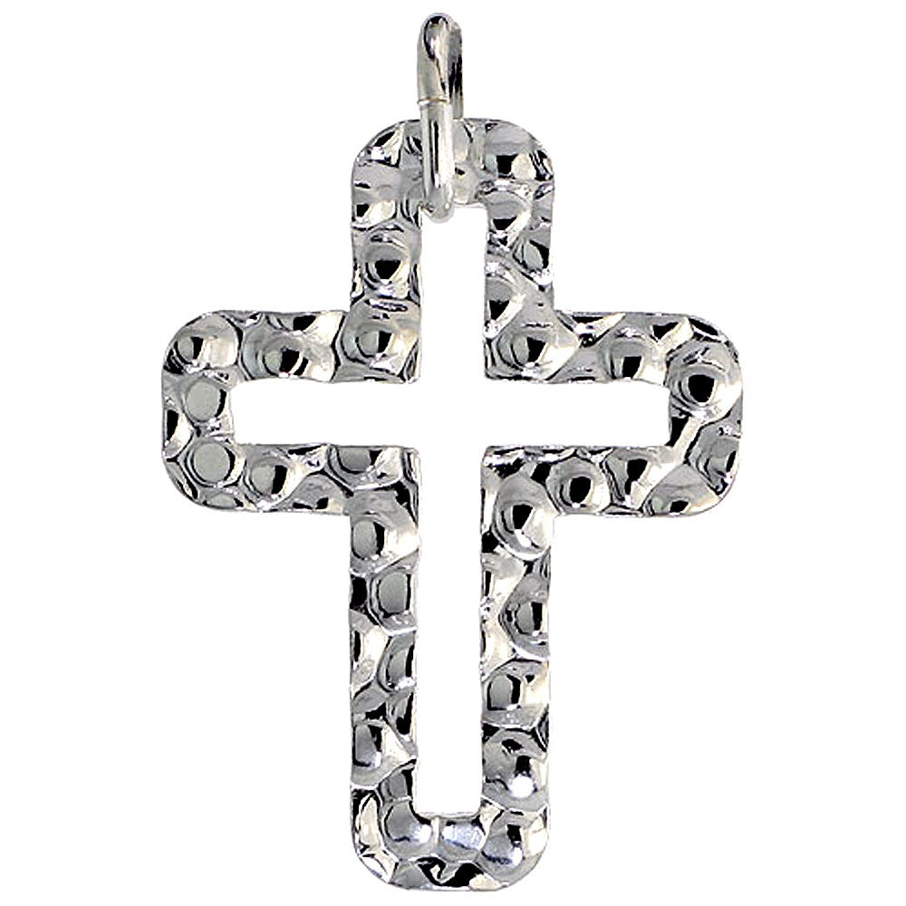 Small Sterling Silver Hammered Cut out Cross Necklace for Men Women with 24 inch Surgical Steel Chain Italy 1 1/16 inch