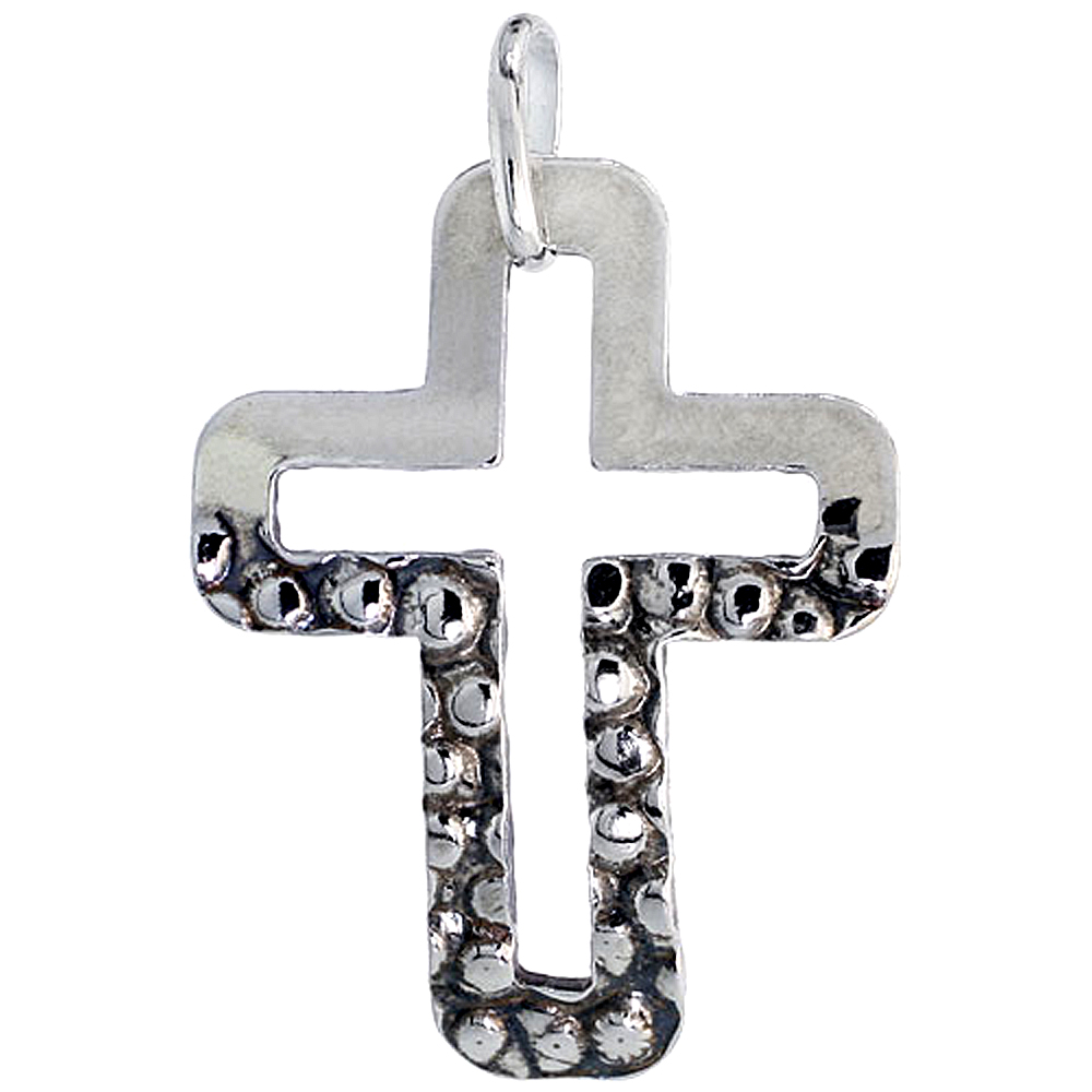 Small Sterling Silver Half Hammered Cut out Cross Necklace for Men Women with 24 inch Surgical Steel Chain Italy 1 1/16 inch