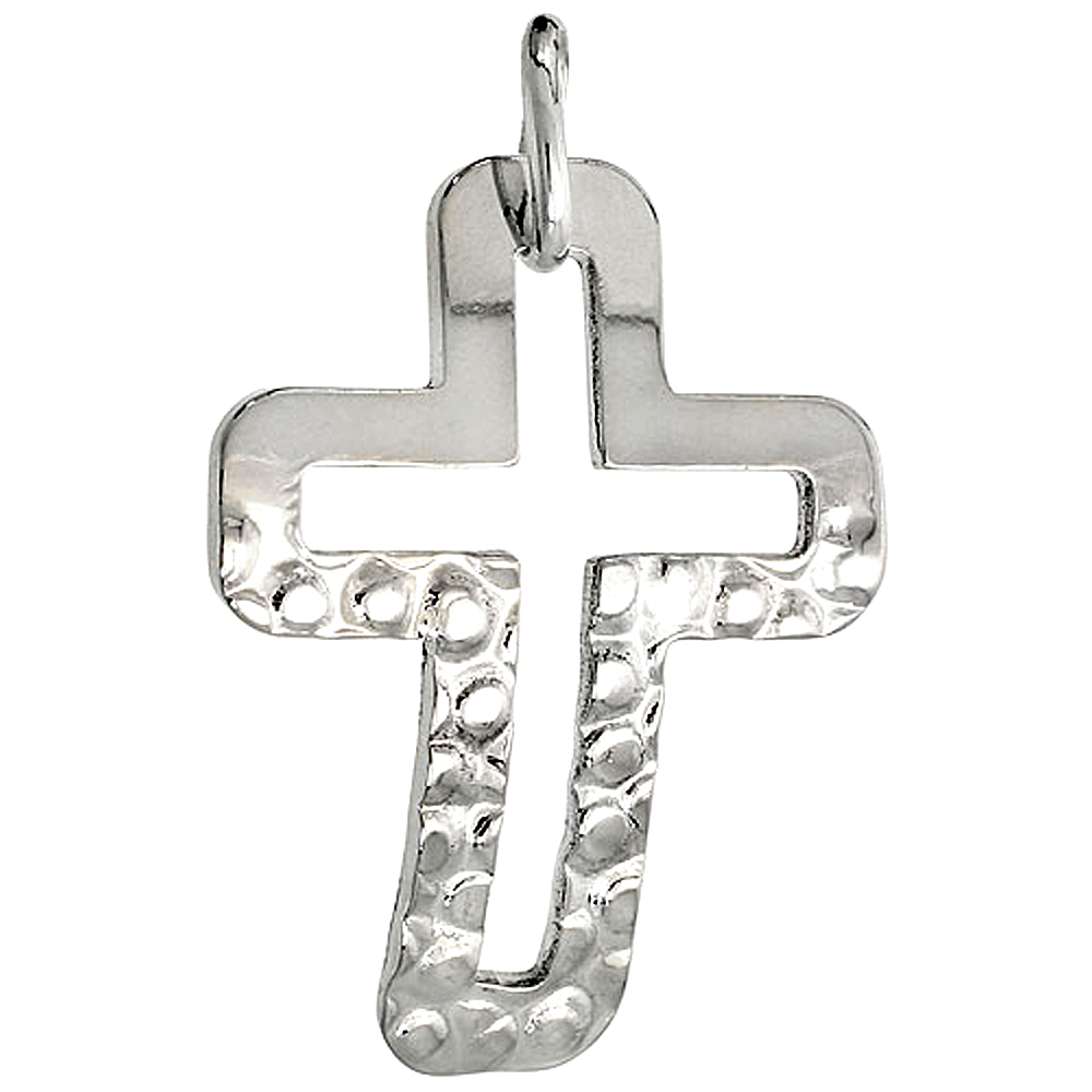 Small Sterling Silver Half Hammered Cut out Cross Necklace for Men Women with 24 inch Surgical Steel Chain Italy 1 1/16 inch
