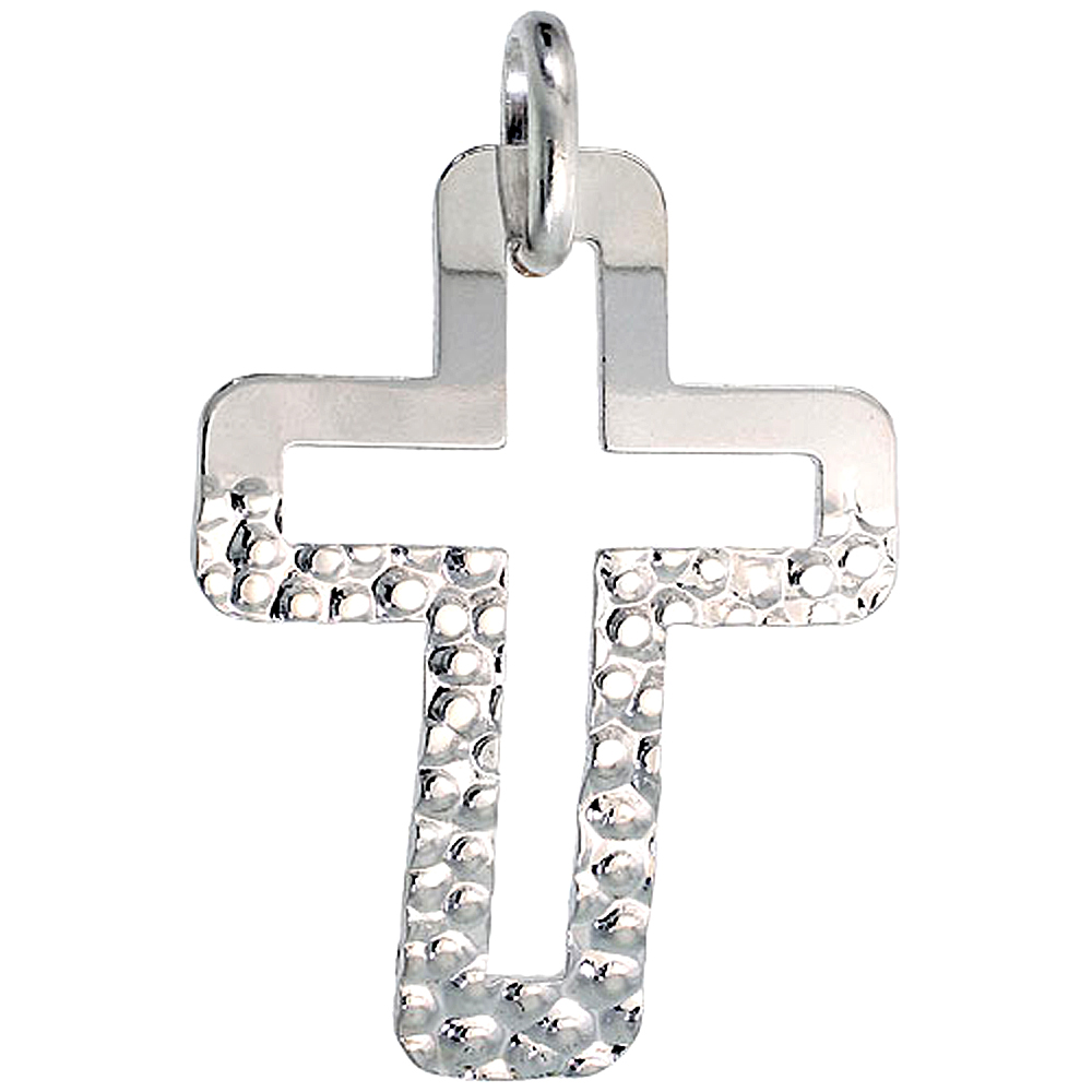 Large Sterling Silver Hammered Cut out Cross Necklace for Men Women Oxidized with 24 inch Surgical Steel Chain Italy 1 1/2 inch