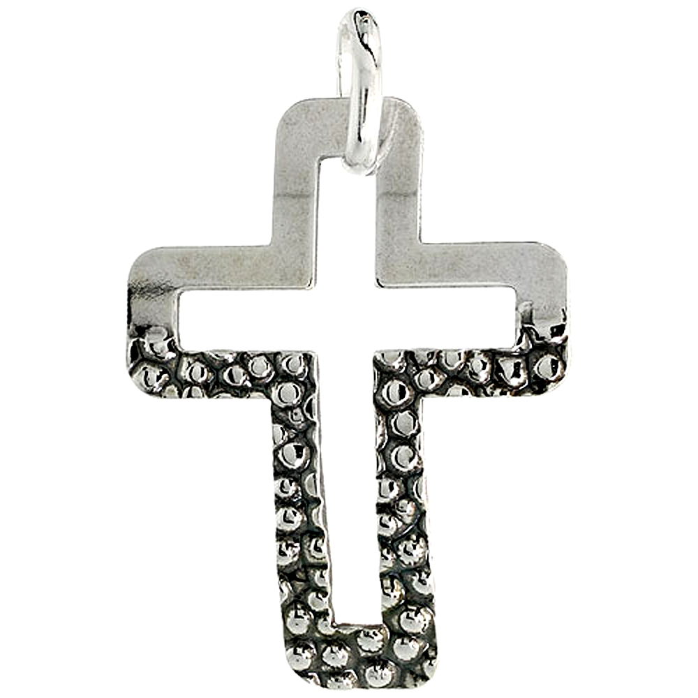 Large Sterling Silver Hammered Cut out Cross Necklace for Men Women with 24 inch Surgical Steel Chain Italy 1 1/2 inch