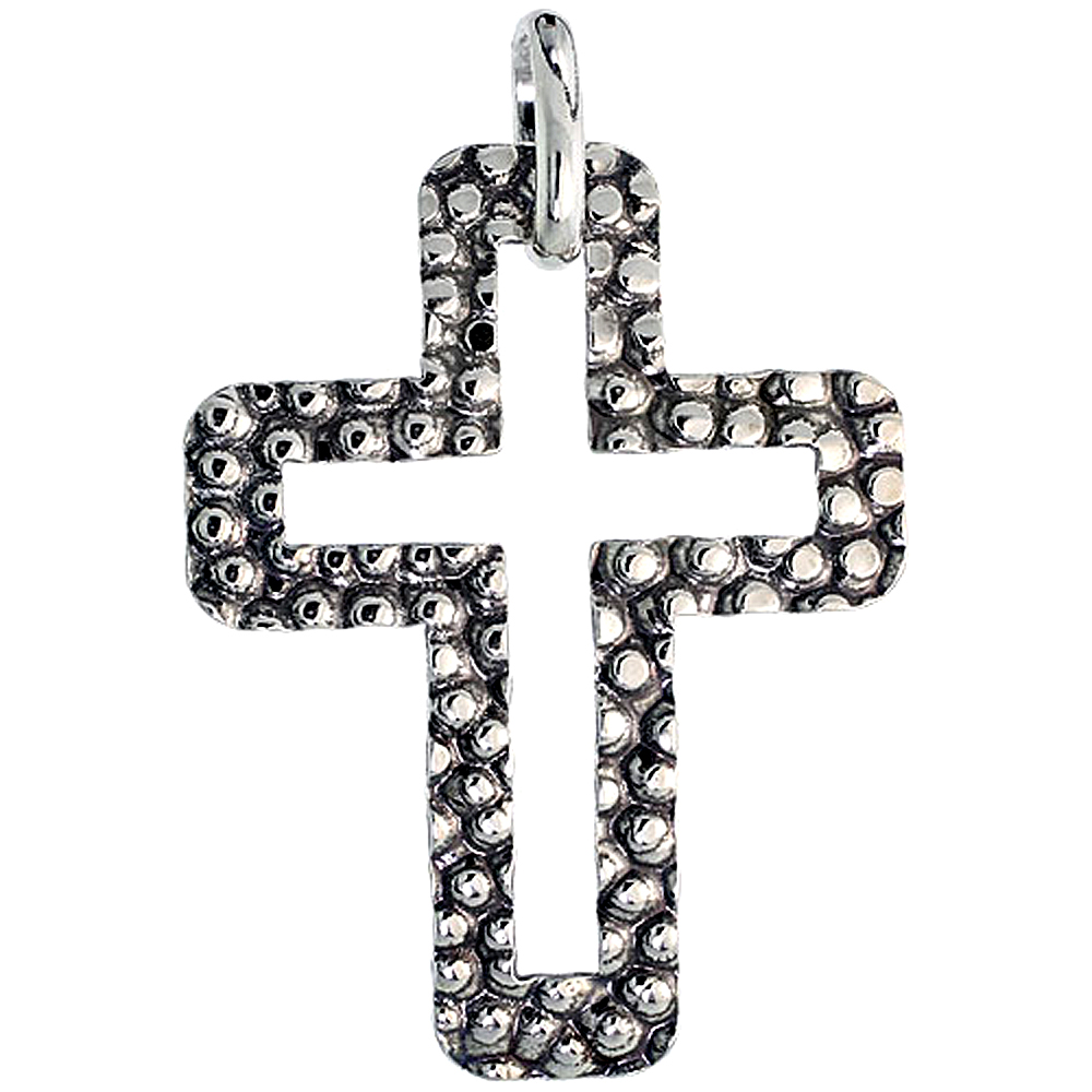 Large Sterling Silver Half Hammered Cut out Cross Necklace for Men Women with 24 inch Surgical Steel Chain Italy 1 1/2 inch