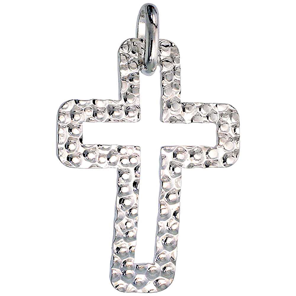Large Sterling Silver Half Hammered Cut out Cross Necklace for Men Women with 24 inch Surgical Steel Chain Italy 1 1/2 inch