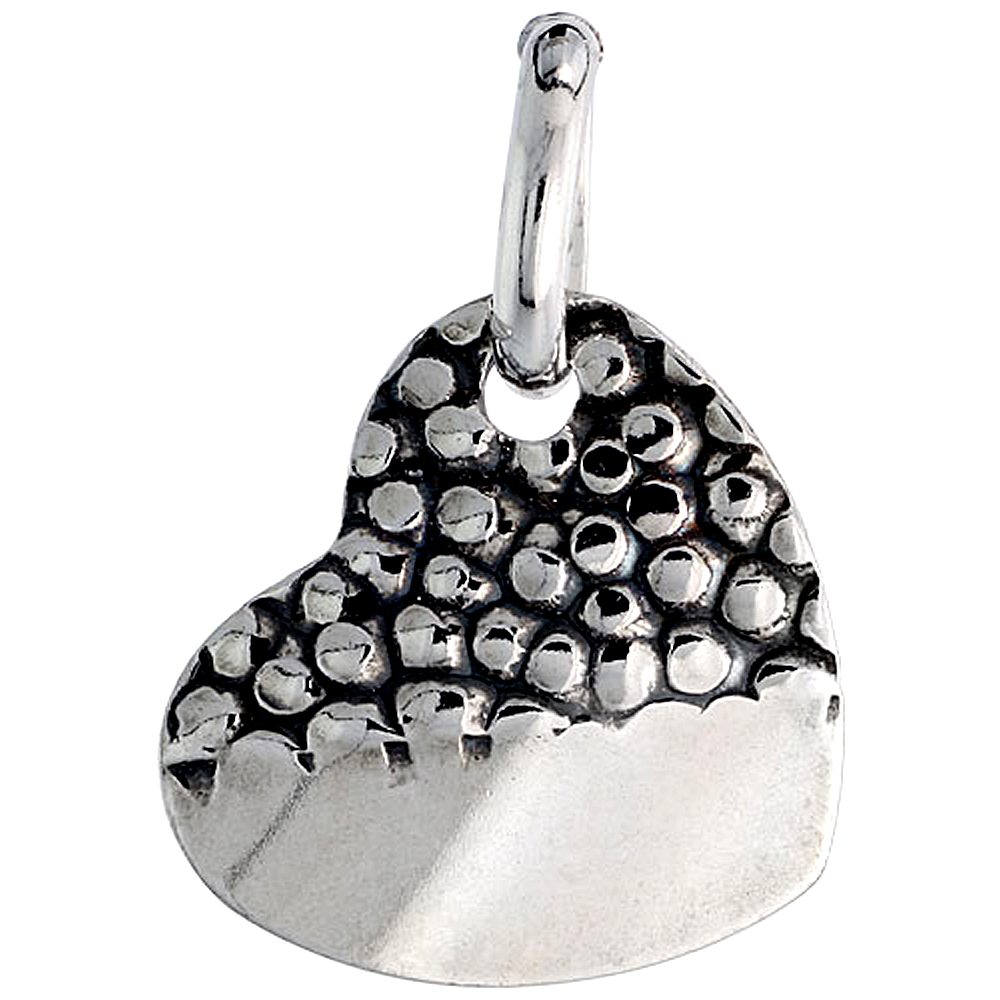 Sterling Silver Half Hammered Heart Necklace for Women Oxidized with 24 inch Surgical Steel Chain Italy 7/8 inch