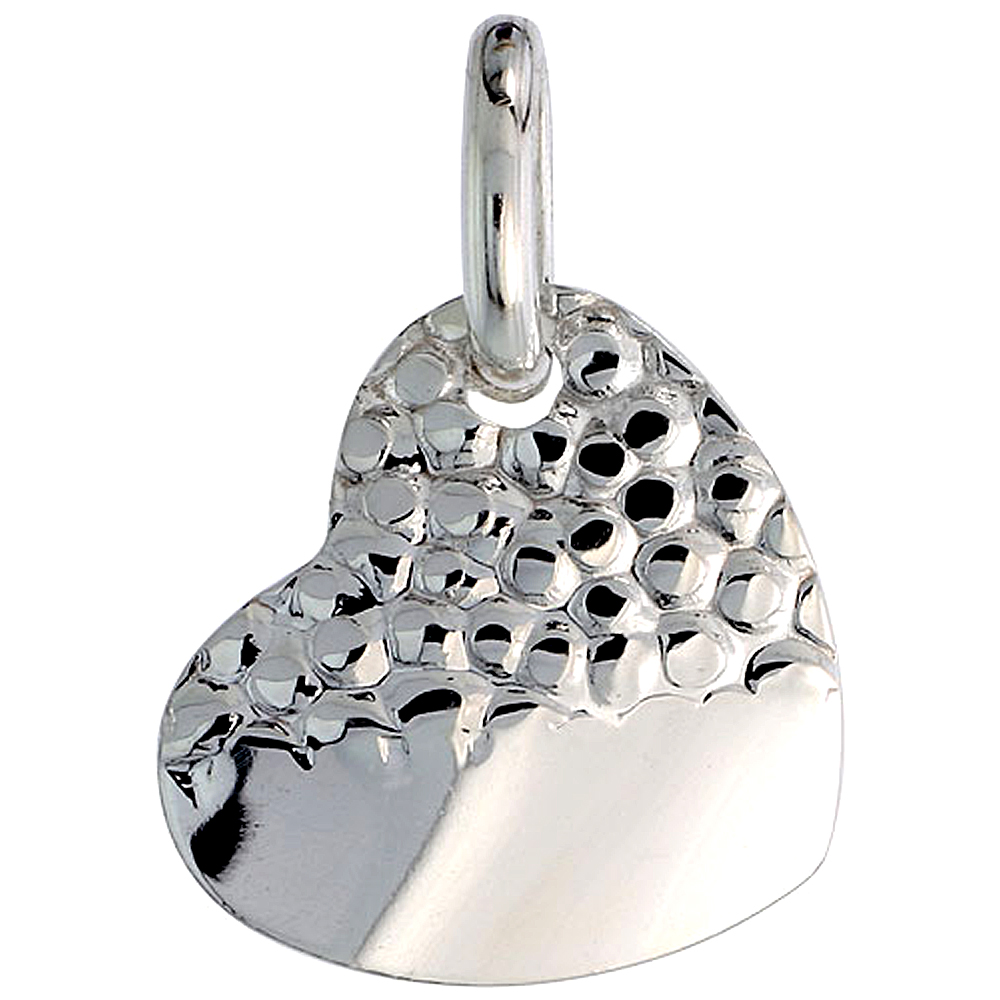 Sterling Silver Half Hammered Heart Necklace for Women 24 inch Surgical Steel Chain Italy 7/8 inch