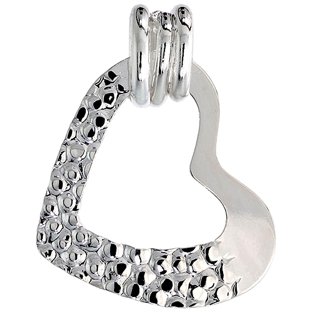 Sterling Silver Half Hammered Cut out Heart Necklace for Women with 24 inch Surgical Steel Chain Italy 1 1/8 inch