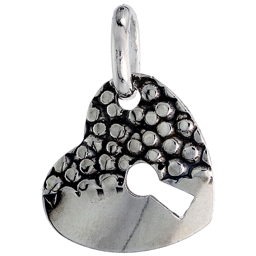 Sterling Silver Half Hammered Heart with Keyhole Necklace for Women Oxidized with 24 inch Surgical Steel Chain Italy 7/8 inch