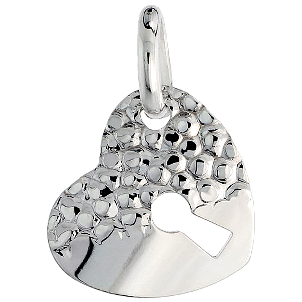 Sterling Silver Half Hammered Heart with Keyhole Necklace for Women with 24 inch Surgical Steel Chain Italy 7/8 inch