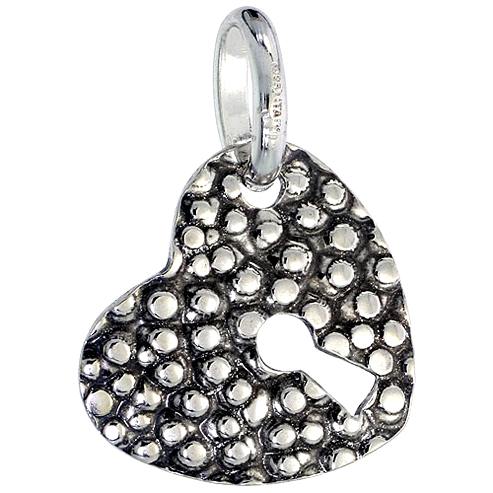 Sterling Silver Hammered Heart with Keyhole Necklace for Women Oxidized with 24 inch Surgical Steel Chain Italy 7/8 inch