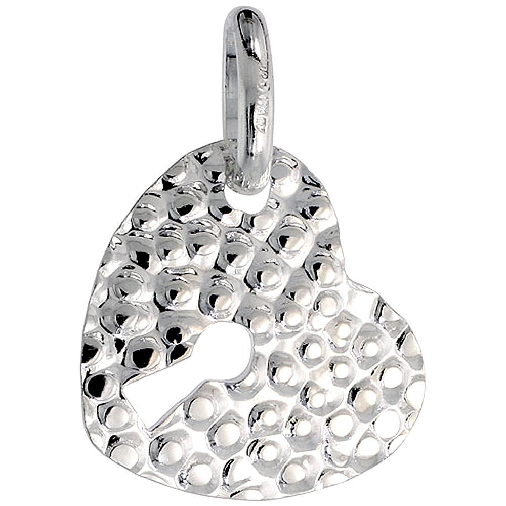 Sterling Silver Hammered Heart with Keyhole Necklace for Women with 24 inch Surgical Steel Chain Italy 7/8 inch