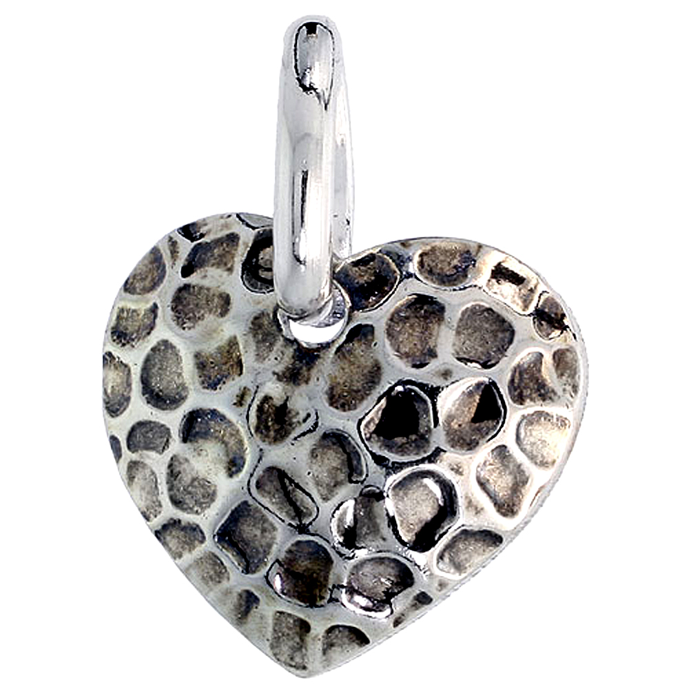 Sterling Silver Hammered Heart Necklace for Women Oxidized with 24 inch Surgical Steel Chain Italy 3/4 inch
