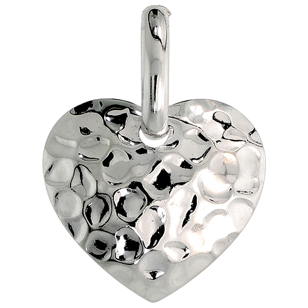 Sterling Silver Hammered Heart Necklace for Women with 24 inch Surgical Steel Chain Italy 3/4 inch