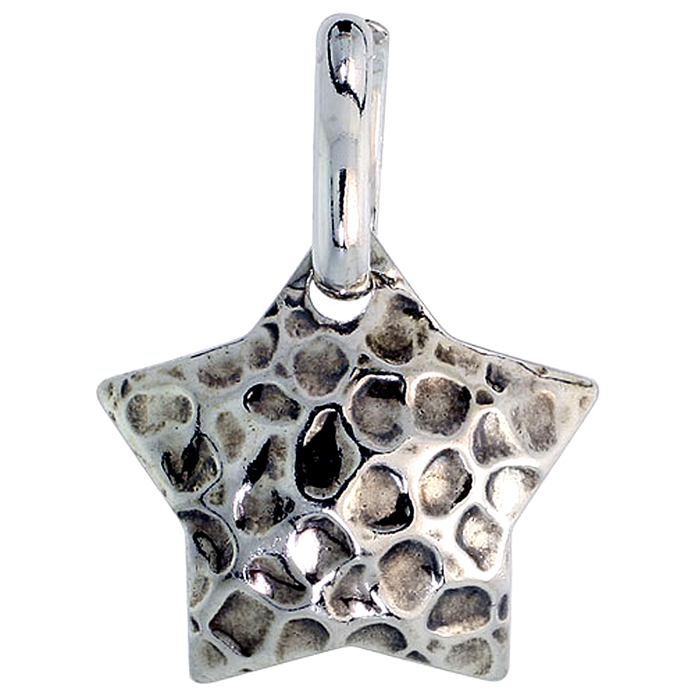 Sterling Silver Hammered Star Necklace for Women Oxidized with 24 inch Surgical Steel Chain Italy 3/4 inch