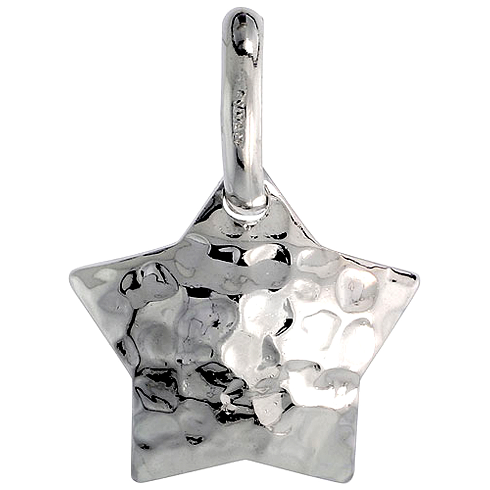 Sterling Silver Hammered Star Necklace for Women with 24 inch Surgical Steel Chain Italy 3/4 inch