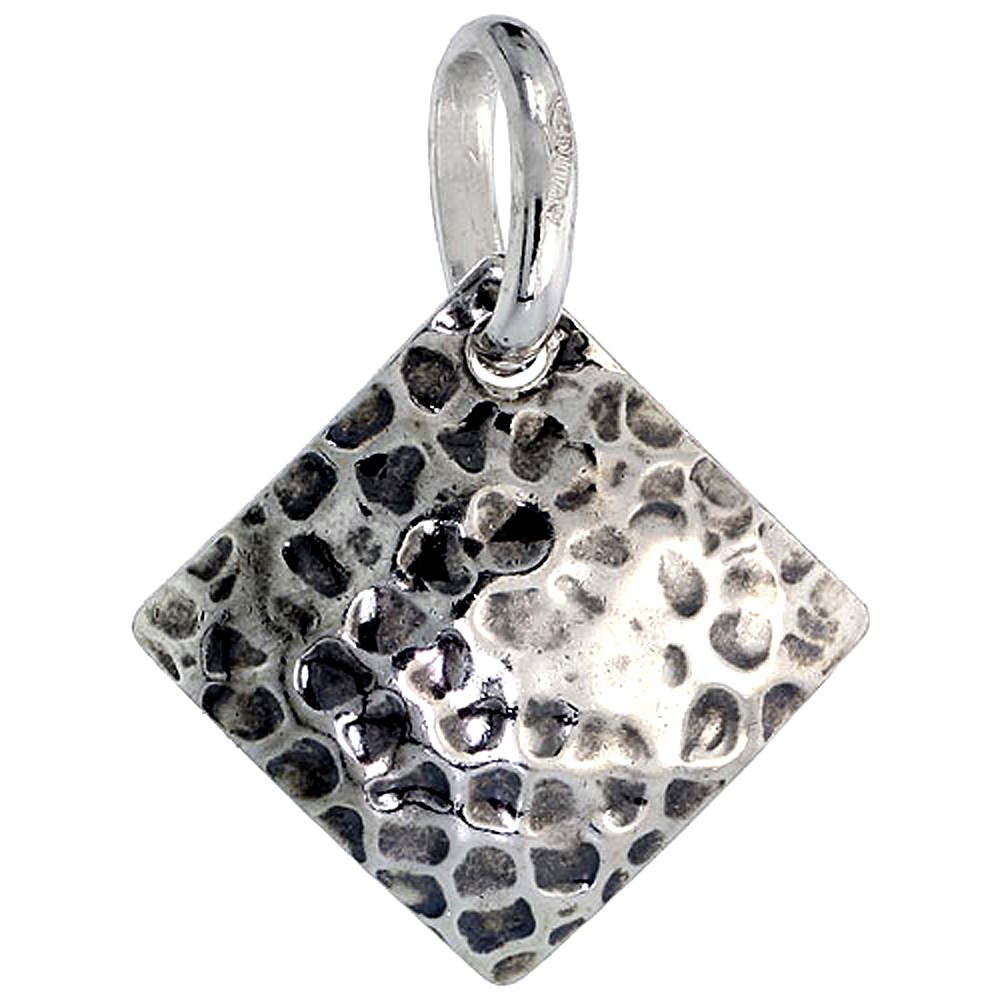Sterling Silver Hammered Square Necklace for Women Oxidized with 24 inch Surgical Steel Chain Italy 1 inch