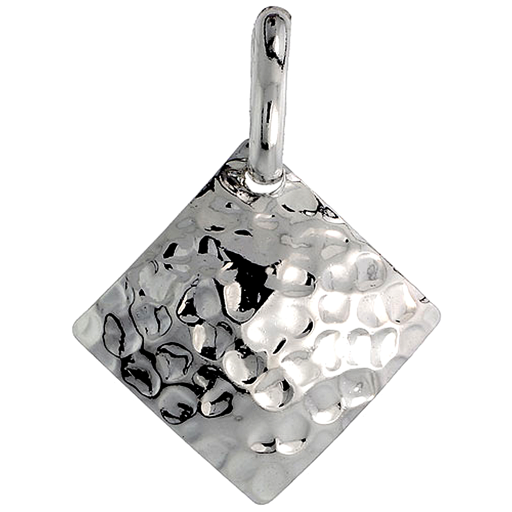 Sterling Silver Hammered Square Necklace for Women with 24 inch Surgical Steel Chain Italy 1 inch