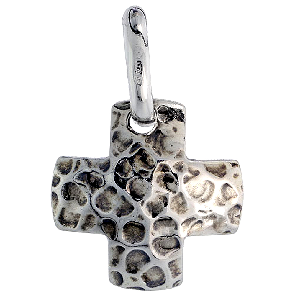 Sterling Silver Hammered Cross Necklace for Women Oxidized with 24 inch Surgical Steel Chain Italy 3/4 inch