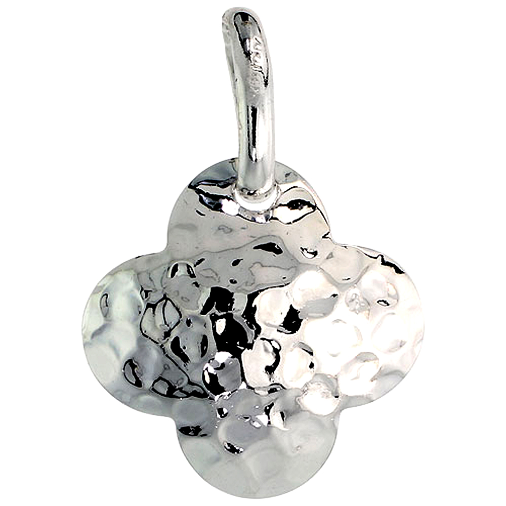 Sterling Silver Hammered Clover Necklace for Women with 24 inch Surgical Steel Chain Italy 3/4 inch