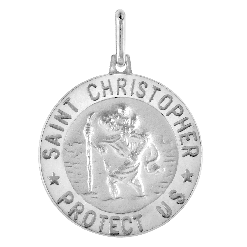 Large 1 inch Sterling Silver St Christopher Medal Necklace for Men 24mm Round Nickel Free Italy with Stainless Steel Chain