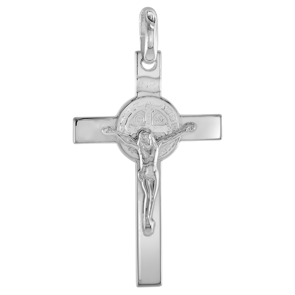 1.75 inch Silver St Benedict Crucifix for Men and Women High Polish Italy Free Stainless Steel Starter Chain