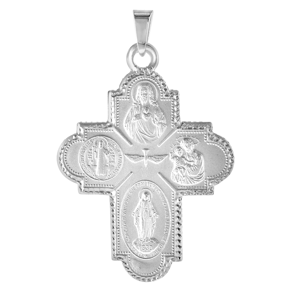 Large 1 5/8 inch Sterling Silver 4-way Cross Medal Pendant For Men & Women Nickel Free Italy with Stainless Steel Chain
