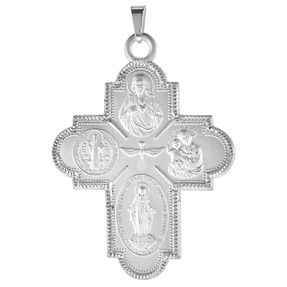 Very Large 2 1/8 inch Sterling Silver 4-way Cross Medal Pendant For Men & Women Nickel Free Italy with Stainless Steel Chain