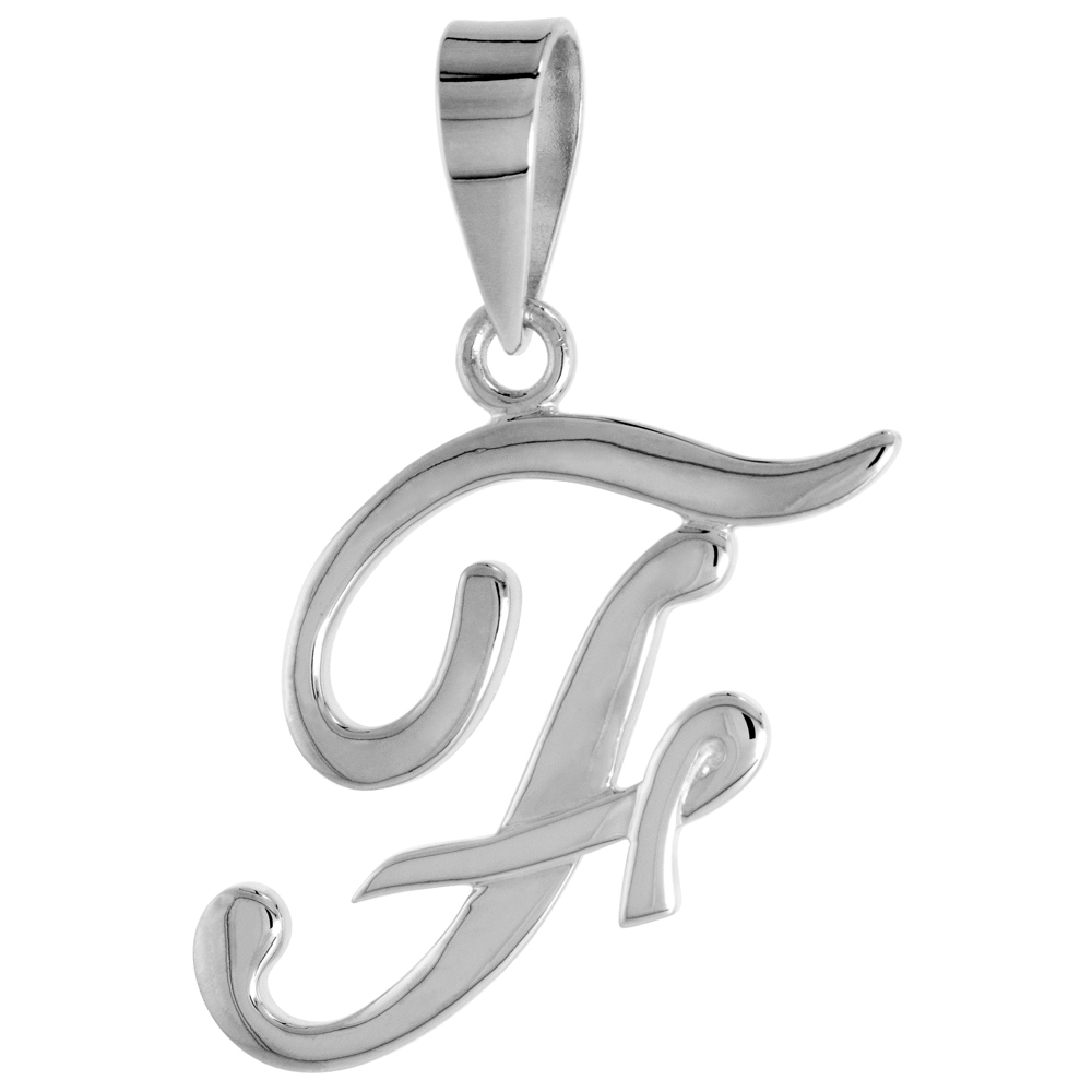 Sterling Silver Script Initial Letter F Alphabet Pendant Flawless Polish 1 1/2 inch high