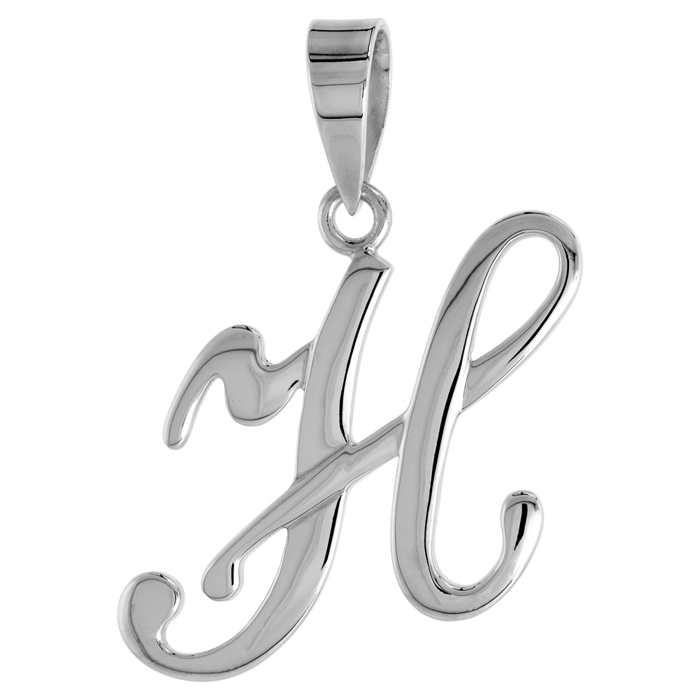 Sterling Silver Script Initial Letter H Alphabet Pendant Flawless Polish 1 1/2 inch high