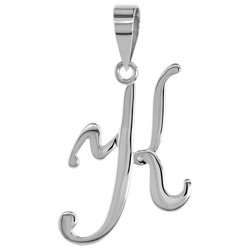 Sterling Silver Script Initial Letter K Alphabet Pendant Flawless Polish 1 1/2 inch high