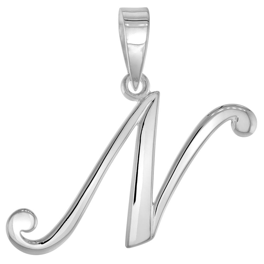 Sterling Silver Script Initial Letter N Alphabet Pendant Flawless Polish 1 1/2 inch high