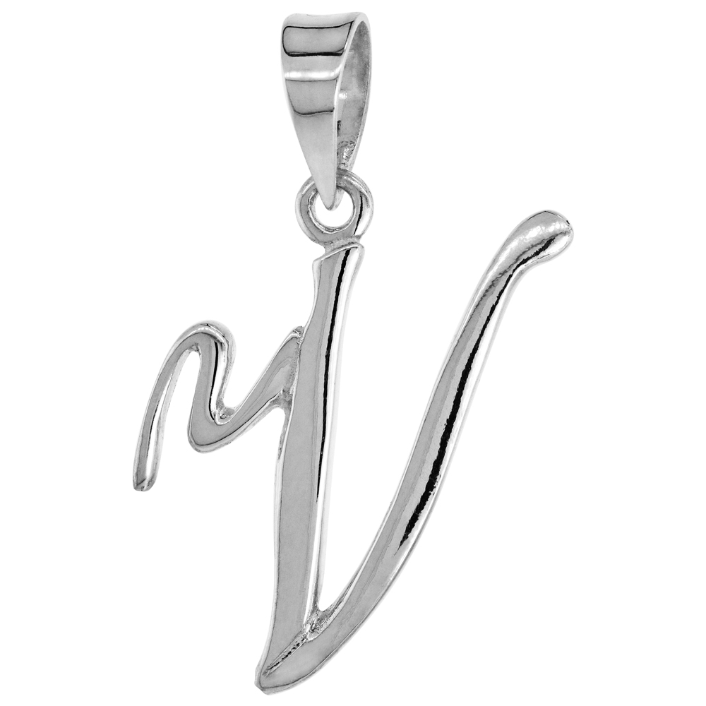 Sterling Silver Script Initial Letter V Alphabet Pendant Flawless Polish 1 1/2 inch high