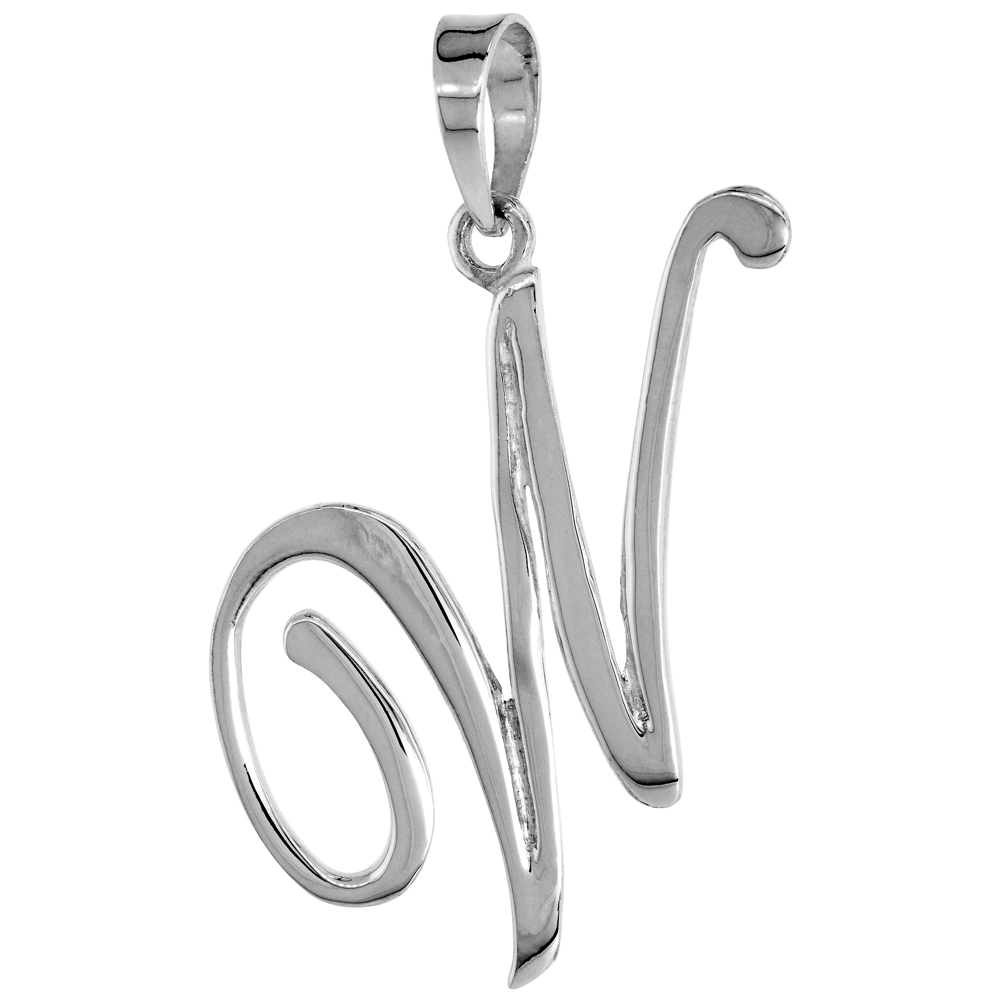 Sterling Silver Script Initial Letter W Alphabet Pendant Flawless Polish 1 1/2 inch high