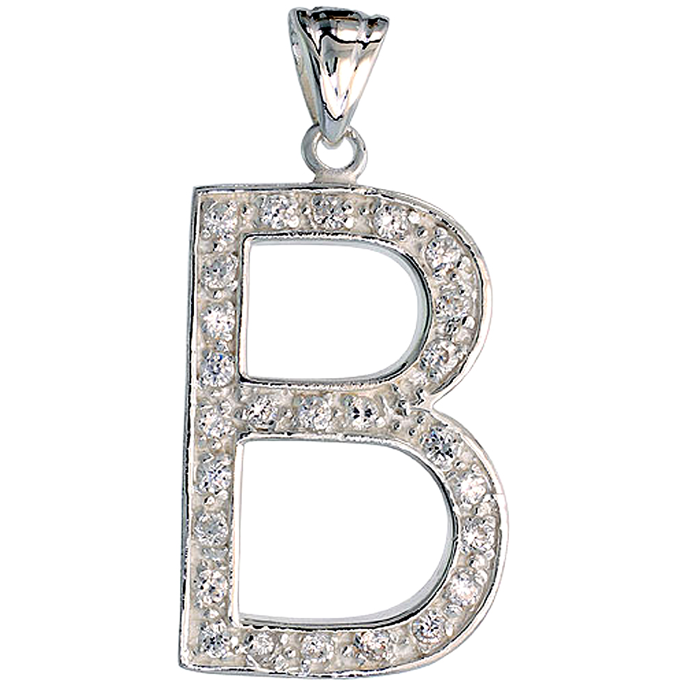 Sterling Silver Cubic Zirconia Block Initial Letter B Alphabet Pendant Large 1 5/8 inch