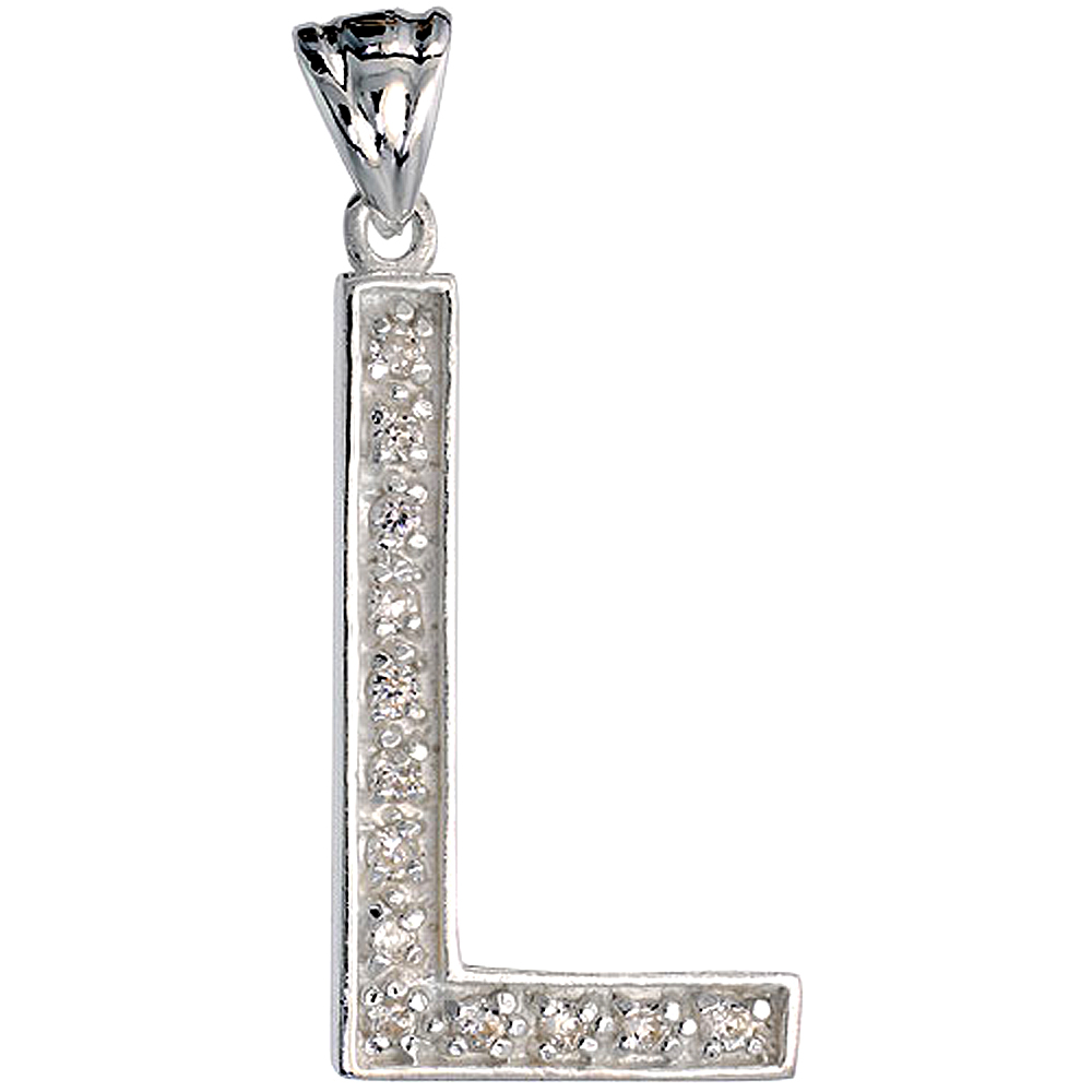 Sterling Silver Cubic Zirconia Block Initial Letter L Alphabet Pendant Large 1 5/8 inch