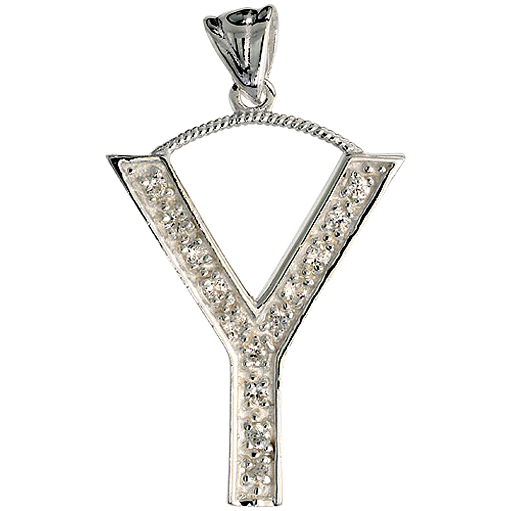 Sterling Silver Cubic Zirconia Block Initial Letter Y Alphabet Pendant Large 1 5/8 inch