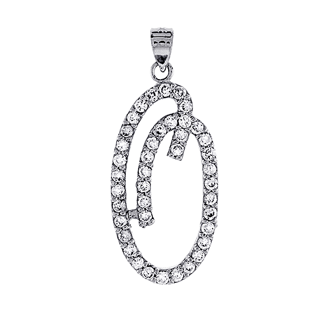 Sterling Silver Script Initial Letter O Alphabet Pendant with Cubic Zirconia Stones 1 3/8 inch high