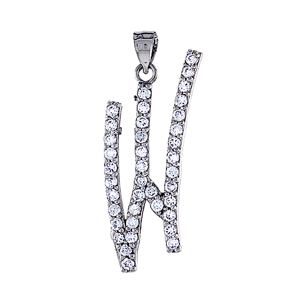 Sterling Silver Script Initial Letter W Alphabet Pendant with Cubic Zirconia Stones 1 3/8 inch high