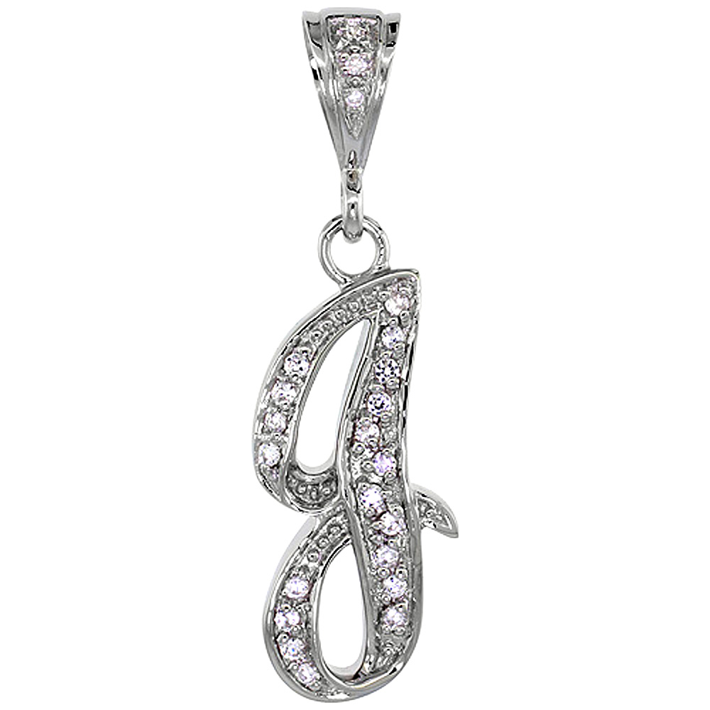 Sterling Silver Large Script Initial Letter J Pendant w/ Cubic Zirconia Stones 1 1/2 inch high